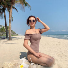 Load image into Gallery viewer, Sexy Off Shoulder One Piece Swimsuit Solid Swimwear Women Pleated Monokini RuffleTrikini Push Up Bathing Suit Black Swim Suit