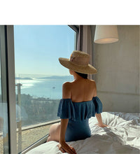 Load image into Gallery viewer, Sexy Off Shoulder One Piece Swimsuit Women Solid Swimwear Black Ruffle Monokini Flounce Swim Suit Pleated Pad Bathing Suit Blue