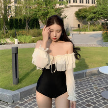 Load image into Gallery viewer, Sexy Off Shoulder One Piece Swimsuit Women Solid Swimwear Ruffle Chiffon Long Sleeve Monokini Open Back Trikini Pad Bathing Suit