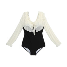 Load image into Gallery viewer, Sexy Off Shoulder One Piece Swimsuit Women Solid Swimwear Ruffle Chiffon Long Sleeve Monokini Open Back Trikini Pad Bathing Suit