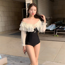 Load image into Gallery viewer, Sexy Off Shoulder One Piece Swimsuit Women Solid Swimwear Ruffle Chiffon Long Sleeve Monokini Open Back Trikini Pad Bathing Suit