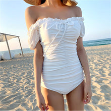 Load image into Gallery viewer, Sexy Off Shoulder One Piece Swimsuit Women Solid Swimwear Ruffle Monokini Pleated Swim Suit Short Sleeve Bathing Suit Push Up