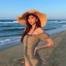 Load image into Gallery viewer, Sexy Off Shoulder One Piece Swimsuit Women Solid Swimwear Ruffle Monokini Pleated Swim Suit Short Sleeve Bathing Suit Push Up