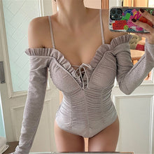 Load image into Gallery viewer, Sexy Off Shoulder One Piece Swimsuit Women Solid Swimwear Shiny Pleated Monokini Push Up Swim Suit Long Sleeve Trikini Lace Up