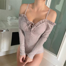 Load image into Gallery viewer, Sexy Off Shoulder One Piece Swimsuit Women Solid Swimwear Shiny Pleated Monokini Push Up Swim Suit Long Sleeve Trikini Lace Up