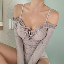 Load image into Gallery viewer, Sexy Off Shoulder One Piece Swimsuit Women Solid Swimwear Shiny Pleated Monokini Push Up Swim Suit Long Sleeve Trikini Lace Up