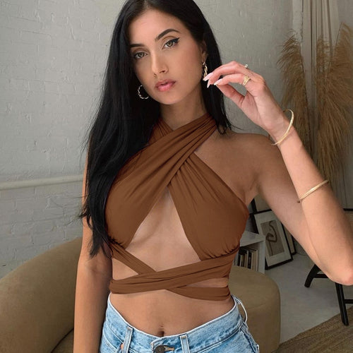 Sexy Off Shoulder Open Back Crop Top Women's Summer Backless Halter Neck Tank Crop Top Female Lace up Tanks Camis Top Tee Shirts