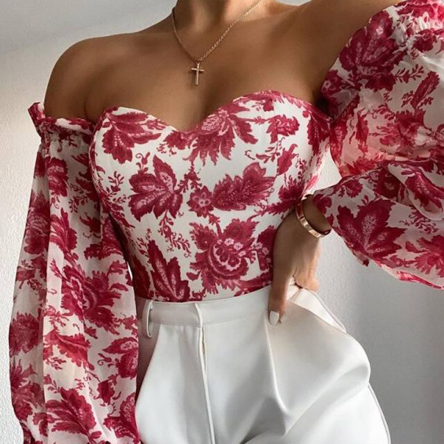 Sexy Off Shoulder Ruffles Summer Crop Top Women Long Sleve Printing Slim Shirts Vintage Elegant Holiday Beach Chiffon Blouse
