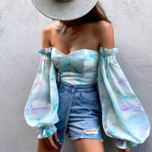 Load image into Gallery viewer, Sexy Off Shoulder Ruffles Summer Crop Top Women Long Sleve Printing Slim Shirts Vintage Elegant Holiday Beach Chiffon Blouse
