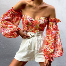 Load image into Gallery viewer, Sexy Off Shoulder Ruffles Summer Crop Top Women Long Sleve Printing Slim Shirts Vintage Elegant Holiday Beach Chiffon Blouse