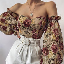 Load image into Gallery viewer, Sexy Off Shoulder Ruffles Summer Crop Top Women Long Sleve Printing Slim Shirts Vintage Elegant Holiday Beach Chiffon Blouse