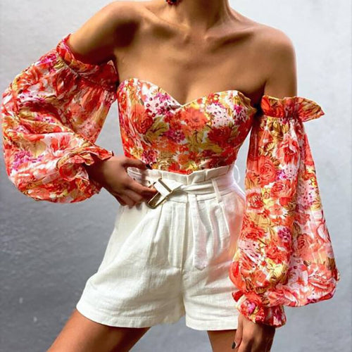 Sexy Off Shoulder Ruffles Summer Crop Top Women Long Sleve Printing Slim Shirts Vintage Elegant Holiday Beach Chiffon Blouse