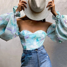 Load image into Gallery viewer, Sexy Off Shoulder Ruffles Summer Crop Top Women Long Sleve Printing Slim Shirts Vintage Elegant Holiday Beach Chiffon Blouse
