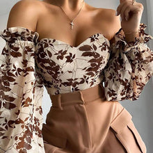 Load image into Gallery viewer, Sexy Off Shoulder Ruffles Summer Crop Top Women Long Sleve Printing Slim Shirts Vintage Elegant Holiday Beach Chiffon Blouse
