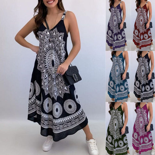 Sexy Off Shoulder Spaghetti Printed Midi Dress Women Summer 2021 New Casual Boho Black Slim Deep V-neck Sleeveless Robe Femme