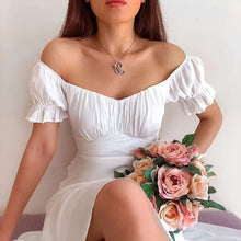 Load image into Gallery viewer, Sexy Off The Shoulder Chiffon Dress Casual Puff Sleeve Bow Sashes Dresses Women 2021 New Elegant Vintage Solid Party Midi Dress