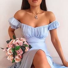 Load image into Gallery viewer, Sexy Off The Shoulder Chiffon Dress Casual Puff Sleeve Bow Sashes Dresses Women 2021 New Elegant Vintage Solid Party Midi Dress