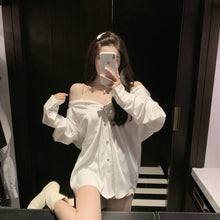 Load image into Gallery viewer, Sexy Off shoulder Top Women Button up White Shirt Long sleeve Chiffon Blouse With Chain Ladies Office Casual