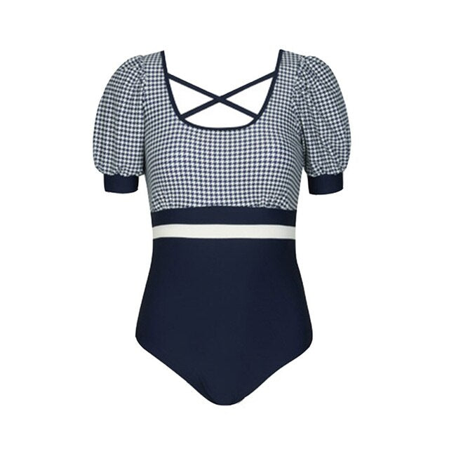 Sexy One Piece Short Sleeve Swimsuit Lady 2022 Monokini Plaid Swimwear Women Swimsuits Bath Suit Koren Style