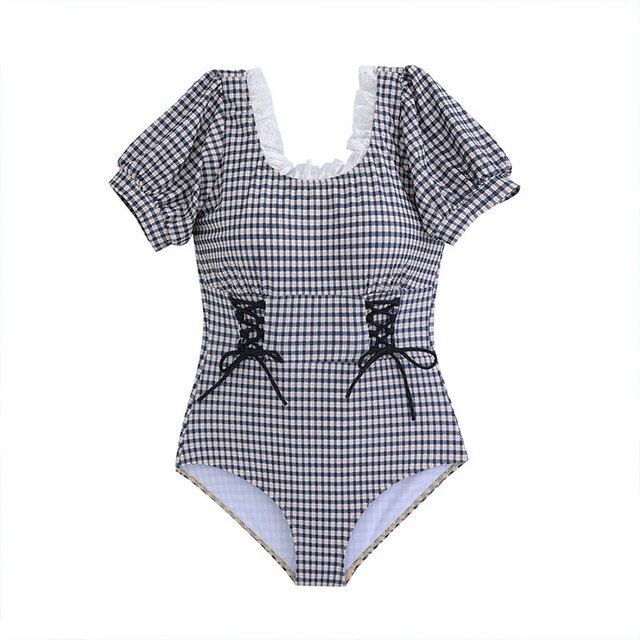 Sexy One Piece Short Sleeve Swimsuit Lady 2023 Monokini Plaid Swimwear Women Swimsuits Bath Suit Koren Style