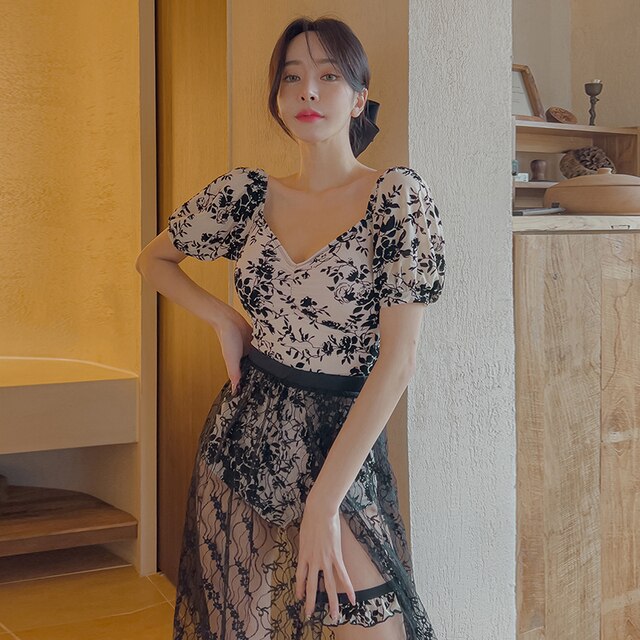 Sexy One Piece Short Sleeve Swimsuit Lady 2023 Monokini Print Swimwear Women Swimsuits Bath Suit Koren Style