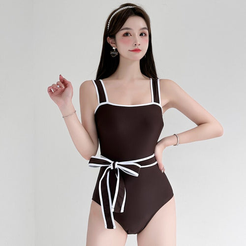Sexy One Piece Solid Swimsuit Women Belt Swimwear Monokini Korea Bathing Suit Removable Pad Beach Wear