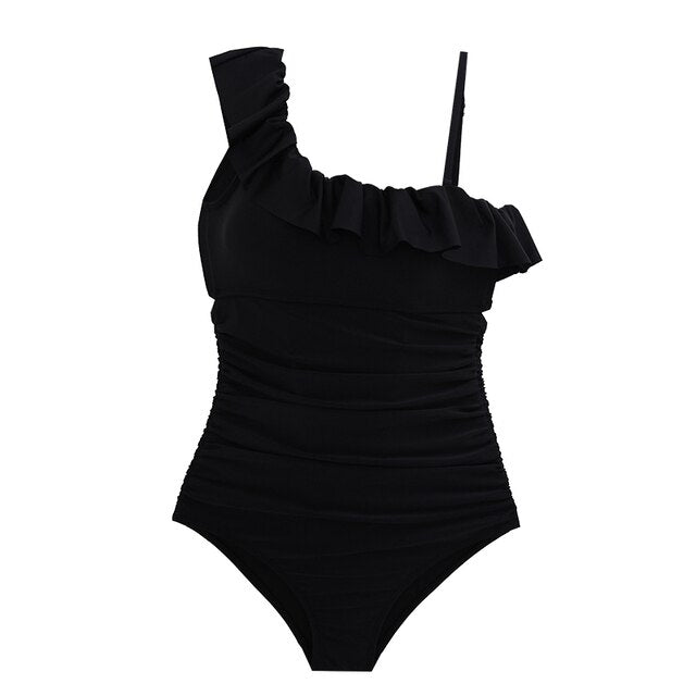 Sexy One Piece Swimsuit Women Black Swimwear Single Shoulder Ruffle Monokini Korea Bathing Suit Removable Pad Beach Wear