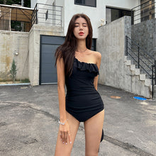 Load image into Gallery viewer, Sexy One Piece Swimsuit Women Black Swimwear Single Shoulder Ruffle Monokini Korea Bathing Suit Removable Pad Beach Wear