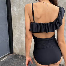 Load image into Gallery viewer, Sexy One Piece Swimsuit Women Black Swimwear Single Shoulder Ruffle Monokini Korea Bathing Suit Removable Pad Beach Wear