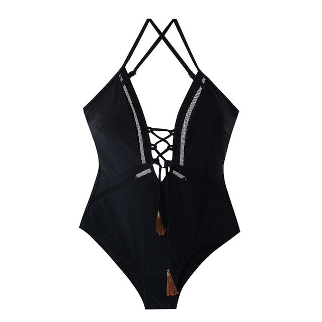 Sexy One Piece Swimsuit Women Solid Swimwear Bandage String Monokini Korea Bathing Suit Padded Beach Wear Open Back