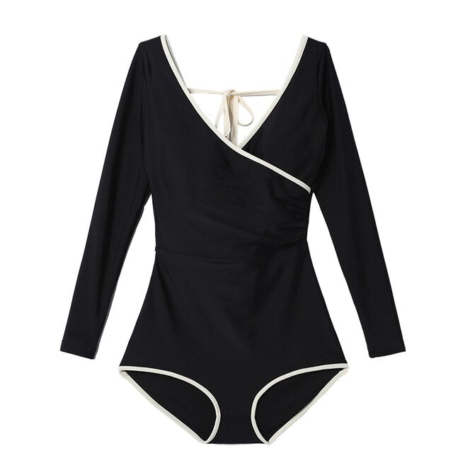 Sexy One Piece Swimsuit Women Solid Swimwear Long Sleeve Open Back Monokini Bathing Suit Removable Pad Beach Wear