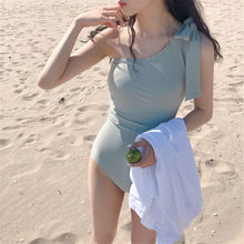 Load image into Gallery viewer, Sexy One Shoulder One Piece Swimsuit Women Solid Swimwear Bow Monokini Belt Swim Suit Korea Bathing Suit Push Up Pad Green Beach