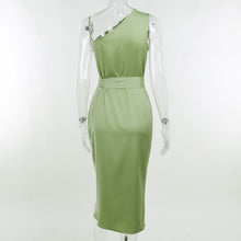 Load image into Gallery viewer, Sexy One Shoulder Satin Midi Dresses Women Elegant Ruched Lace Up Bodycon Party Dress 2021 Summer Sleeveless Slit Red Pink Dress