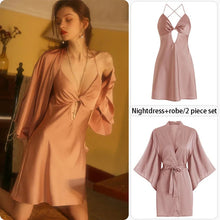Load image into Gallery viewer, Sexy Pajamas Women&#39;S Silk Dress Lingerie Nightwear Suspenders Nightdress Robe 2 Piece Set Sexy Women Night Dress Home Wear