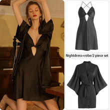 Load image into Gallery viewer, Sexy Pajamas Women&#39;S Silk Dress Lingerie Nightwear Suspenders Nightdress Robe 2 Piece Set Sexy Women Night Dress Home Wear