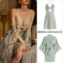Load image into Gallery viewer, Sexy Pajamas Women&#39;S Silk Dress Lingerie Nightwear Suspenders Nightdress Robe 2 Piece Set Sexy Women Night Dress Home Wear