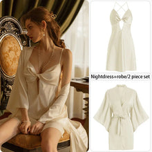 Load image into Gallery viewer, Sexy Pajamas Women&#39;S Silk Dress Lingerie Nightwear Suspenders Nightdress Robe 2 Piece Set Sexy Women Night Dress Home Wear