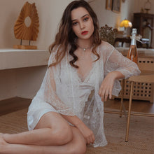 Load image into Gallery viewer, Sexy Pajamas Women&#39;s Lace Transparent Lace-up Kimono-Style Wide-Sleeve Eyelash Lace Robes Morning Gowns Summer Bathrobe