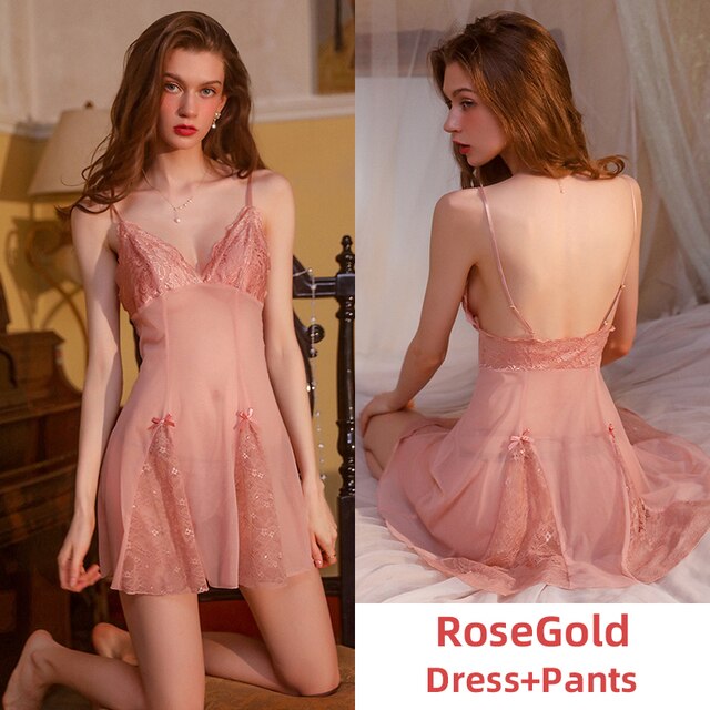 Sexy Pamajas Sets for Women Lace Sleepwear Deep V Night Dress Light Nightgown See Through Backless Camisole Sleep Tops Lingerie