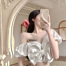 Load image into Gallery viewer, Sexy Party Night Club Ladies Crop Tops Women Off Shoulder Sweet Cute Korean Clothing Puff Sleeve Bow Designer Shirts Summer 2021