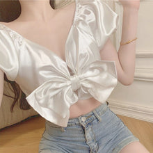 Load image into Gallery viewer, Sexy Party Night Club Ladies Crop Tops Women Off Shoulder Sweet Cute Korean Clothing Puff Sleeve Bow Designer Shirts Summer 2021