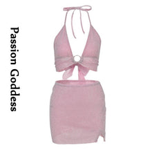 Load image into Gallery viewer, Sexy Party Women 2 Piece Glitter Pink Sets Lace Up Backless Halter Crop Top High Waist Split Package Hip Skirts Two Piece Outfit