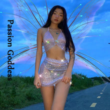 Load image into Gallery viewer, Sexy Party Women 2 Piece Glitter Pink Sets Lace Up Backless Halter Crop Top High Waist Split Package Hip Skirts Two Piece Outfit