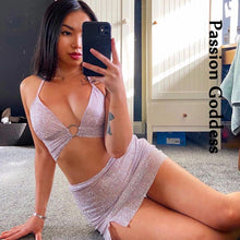 Load image into Gallery viewer, Sexy Party Women 2 Piece Glitter Pink Sets Lace Up Backless Halter Crop Top High Waist Split Package Hip Skirts Two Piece Outfit