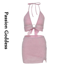 Load image into Gallery viewer, Sexy Party Women 2 Piece Glitter Pink Sets Lace Up Backless Halter Crop Top High Waist Split Package Hip Skirts Two Piece Outfit