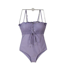 Load image into Gallery viewer, Sexy Pleated One Piece Swimsuit Women Solid Swimwear Lace Up Monokini Bandeau Swim Suit Push Up Bathing Suit Korea Pad Purple