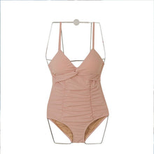 Load image into Gallery viewer, Sexy Pleated One Piece Swimsuit Women Solid Swimwear Open Back Monokini Bow Swim Suit Korea Bathing Suit Push Up Bandage Pad