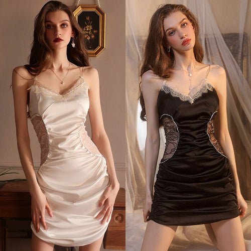 Sexy Pleated Sling Night Dress Sleepwear Women Thin Waist Camisole Lace Both Side Hollow Backless Nightgown Sleep Tops Summer