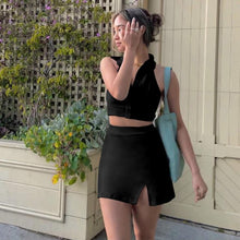 Load image into Gallery viewer, Sexy Polo-Neck Crop Tops Mini Skirts Set Women Backless High Waist Elastic Skirt Suits 2021 Summer Sports Casual Two Piece Sets