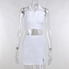 Load image into Gallery viewer, Sexy Polo-Neck Crop Tops Mini Skirts Set Women Backless High Waist Elastic Skirt Suits 2021 Summer Sports Casual Two Piece Sets